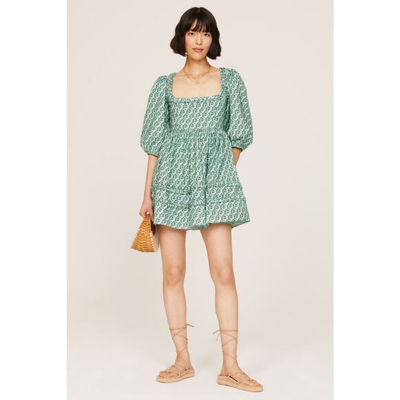 Rhode Daya Green Printed Puff Sleeve Square Neck Babydoll Mini Dress Size 8 - Picture 1 of 16
